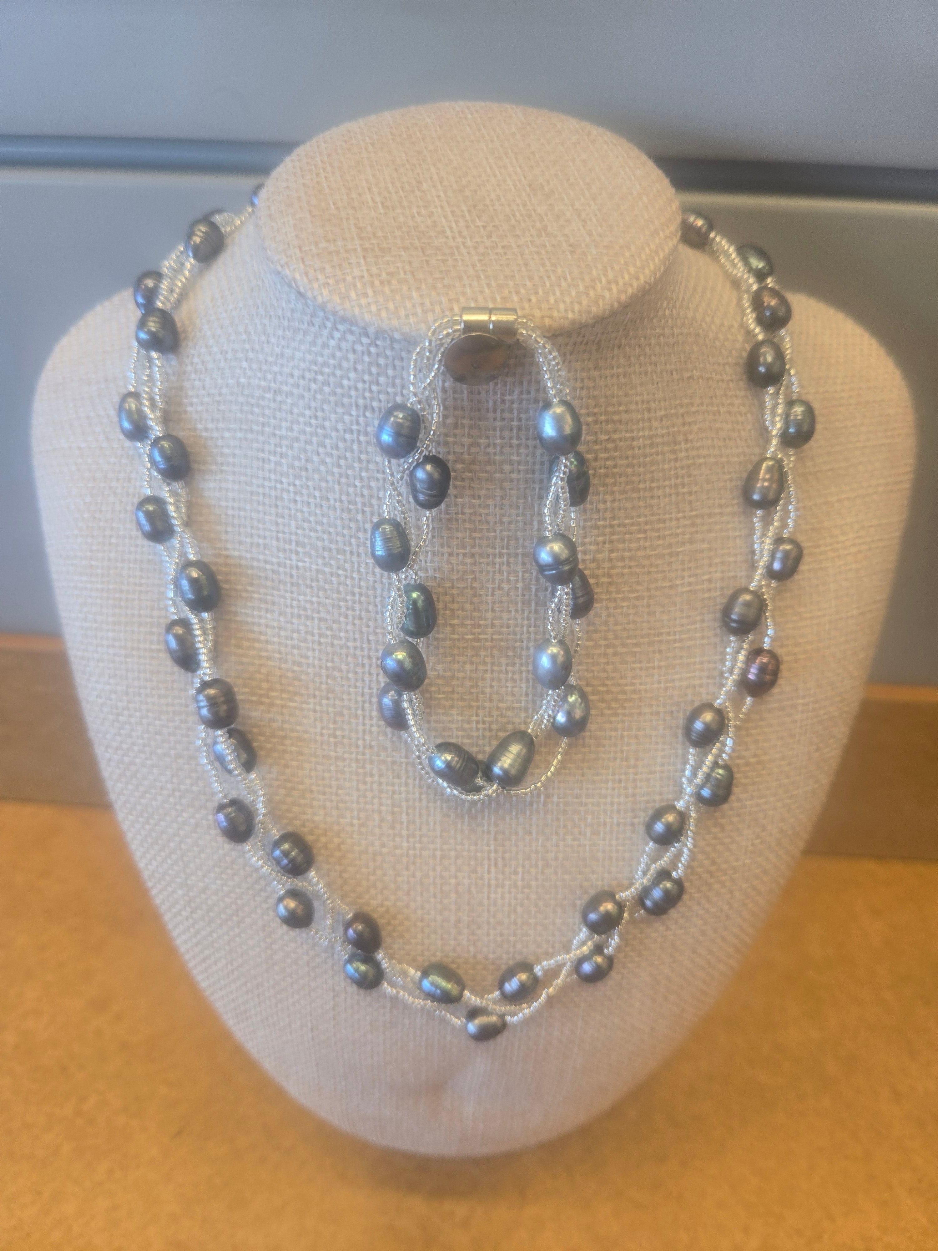 Dark Grey Pearl Necklace/ Bracelet Set