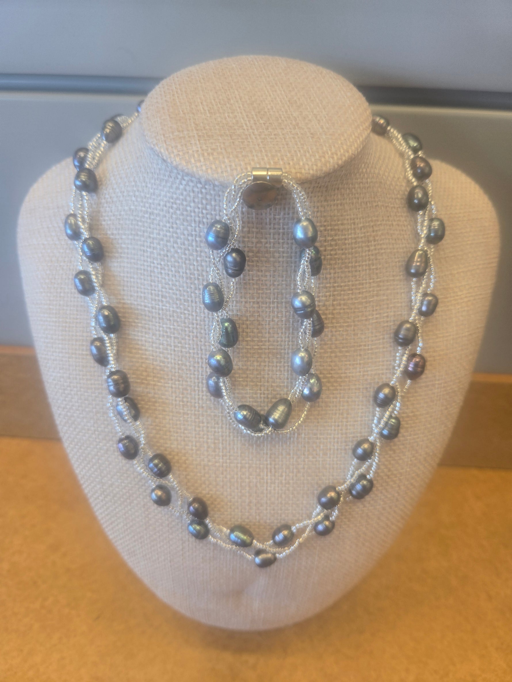 Dark Grey Pearl Necklace/ Bracelet Set